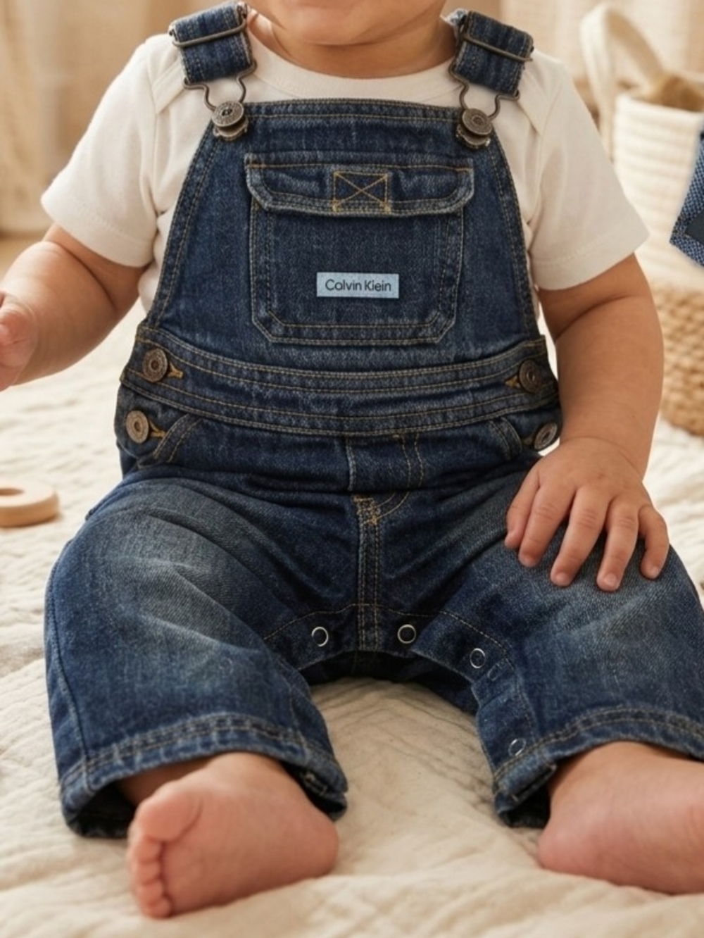 Calvin Klein Jeans Baby Denim Overalls Solid Sleeveless Pockets 6-9M Blue